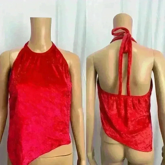 DL dancewear Tops - VTG Velour Sexy Red Halter Top 90s Rave Festival Y2K Asymmetrical Size M/L